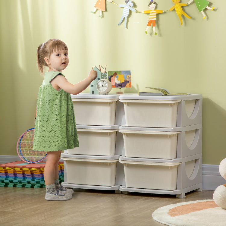 Qaba 3 Tier Kids Storage Unit, 6 Drawer Chest Toy Organizer Plastic Bins For Kids Bedroom Nursery Kindergarten Living Room For Boys Girls Toddlers, Cream