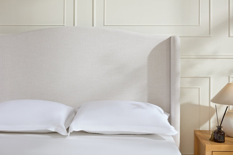 Hannah Upholstered Wingback Bed Size Queen Tall 54" Headboard Upholstered Queen Bed Premium Textured Canvas Chenille Look Ivory Minimalist Designs No Box Spring Needed Easy Assembly Queen