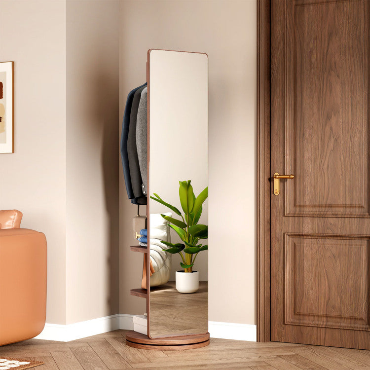 360 Rotating 66"X17.8" Multifunctional Full Length Mirror With Hook Storage Rack Coat Rack With Mirror Solid Wood Floor Mirror Bedroom Living Room Cloakroom Space Saving Walnut