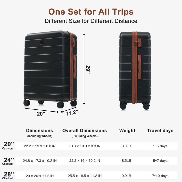 Premium Abs Travel Luggage Set , 3 Piece Tsa Lock Suitcase Ensemble With 20, 24, And 28 Inch Sizes With 360 Spinner Wheels, Black And Brown