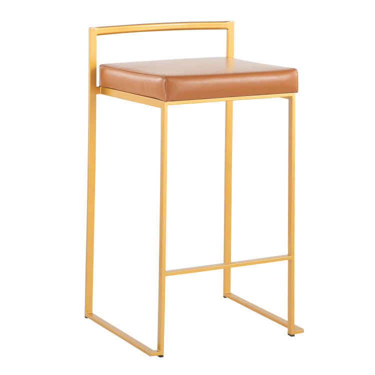 Contemporary Stackable Counter Stool In Gold With Camel Faux Leather Cushion Set Of 2