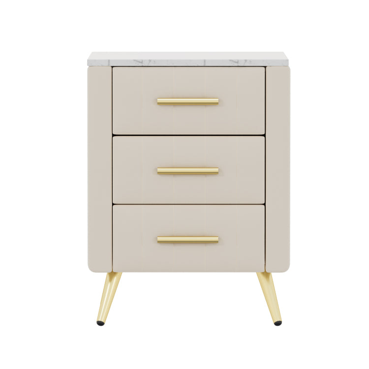Upholstered Wooden Nightstand With 3 Drawers And Metal Legs&Handles, Bedside Table With Marbling Stickers Worktop Beige