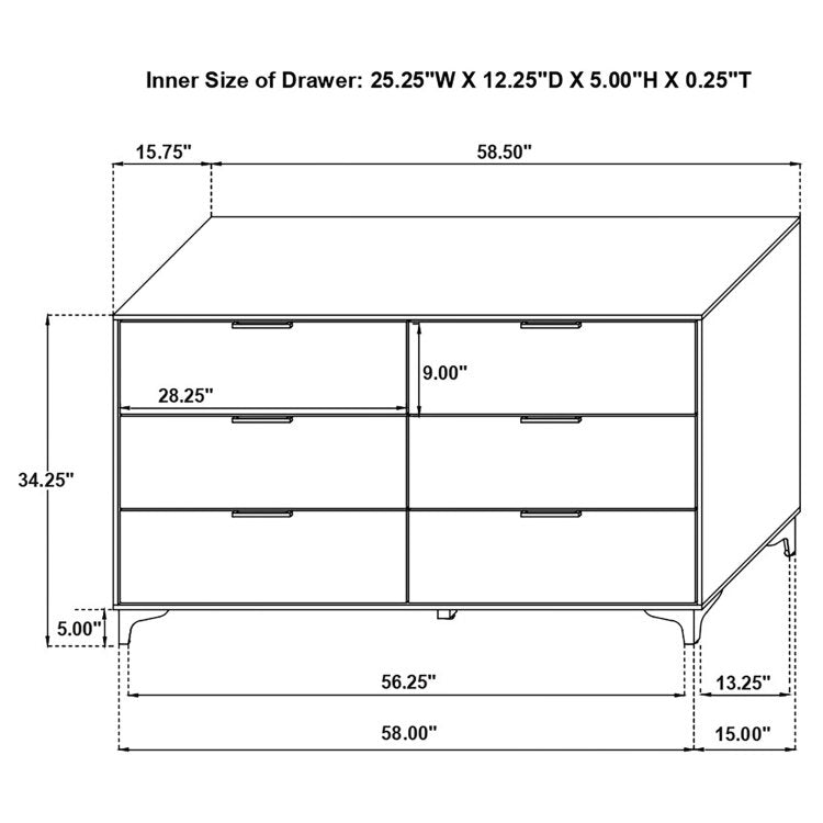 Karena White Rectangular 6 Drawer Dresser