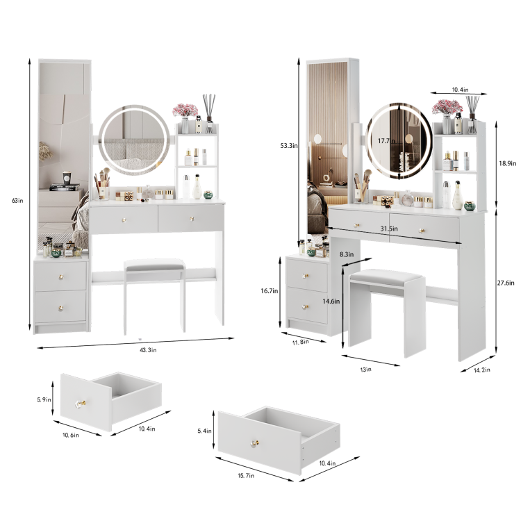 Full Body Mirror Cabinet Round Mirror Led Vanity Table Cushioned Stool, 17" Diameter Led Mirror, Touch Control, 3 Color, Brightness Adjustable, Large Desktop, Multi Layer High Capacity Storage