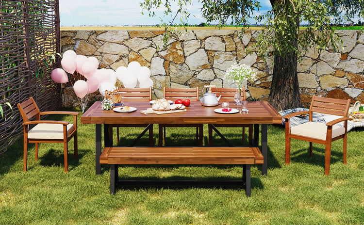 Outdoor Wood Dining Set For 7 8 Person, Outdoor Dining Furniture With Removable Cushions, Ernomic Chairs And Bench, Thicker Table, Nature