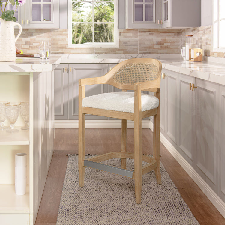 Americana Mid Century Modern 26" Cane Back Counter Stool, Ivory White Boucle