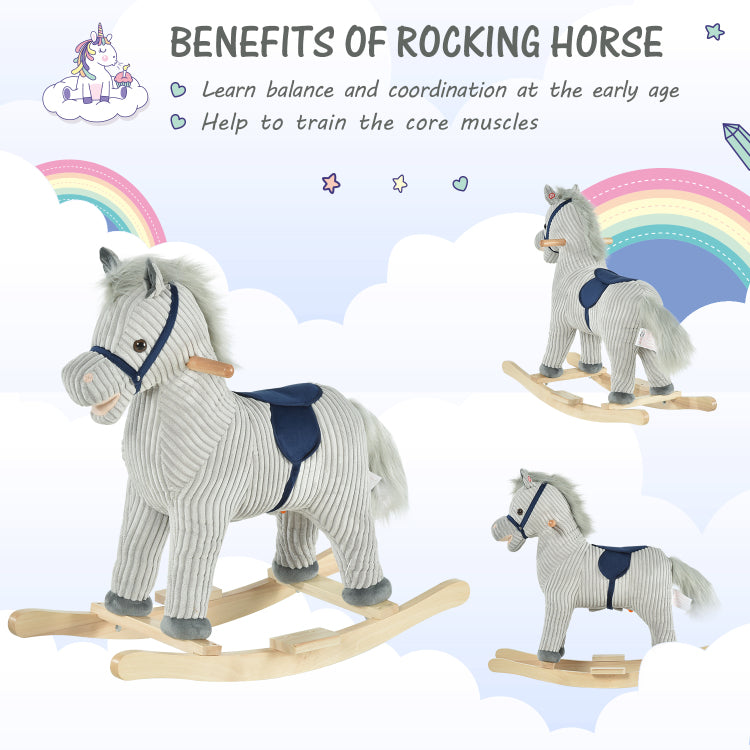 Qaba Kids Rocking Horse For Toddler 3 5, Plush Ride On Horse Wooden Rocker With Realistic Sounds, Gray