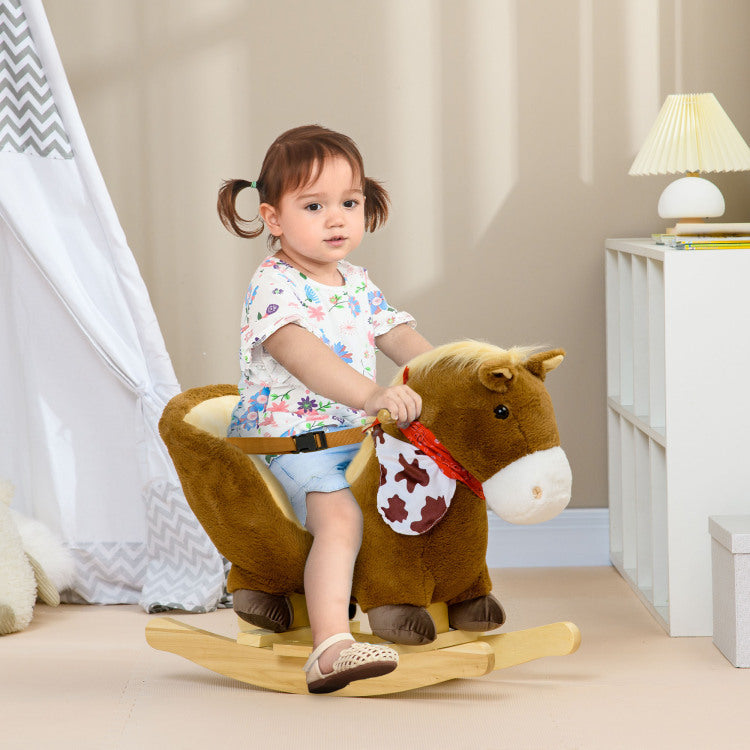 Qaba Baby Rocking Horse, Riding Horse, Plush Animal Rocker With Realistic Sound, Pedals For Ages 18 36 Months, Brown