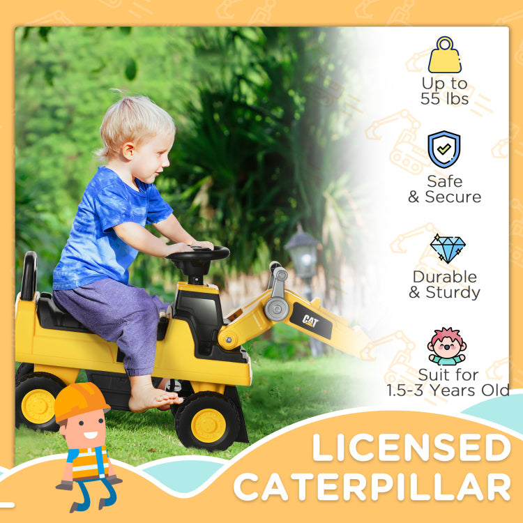 Aosom Ride On Excavator For Kids, Caterpillar Cat Licensed Ride On Digger Construction Vehicles With Manual Shovel, Horn, Hidden Storage, Foot To Floor No Power Kids Ride On Car For 1.5 3 Years