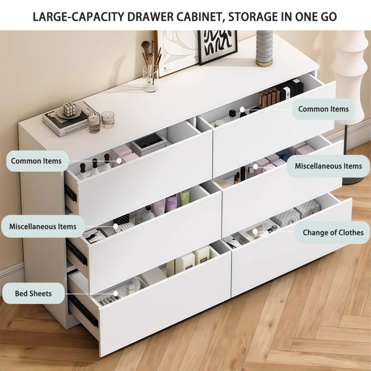 6 Drawer White Dresser, Modern Dresser For Bedroom With Spacious Countertop, Wood Storage Cabinet With Concealed Handles & 6 Deep Drawers For Bedroom, Living Room, Entryway, 15.7" D X 47.2" W X