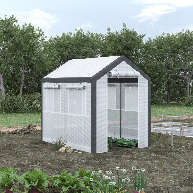 Outsunny 8' X 6' X 7.5' Walk In Greenhouse, Outdoor Gardening Canopy With 6 Roll Up Windows, 2 Zippered Doors & Weather Cover, White