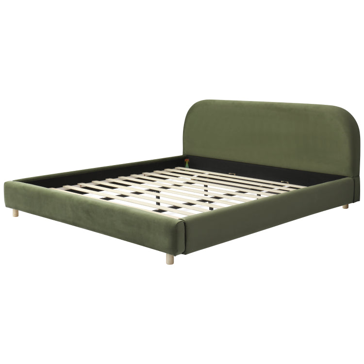 King Size Platform Bed With Velvet Fabric, Upholstered Platform Bed With Curve Shaped Design Headboard, Olive Green