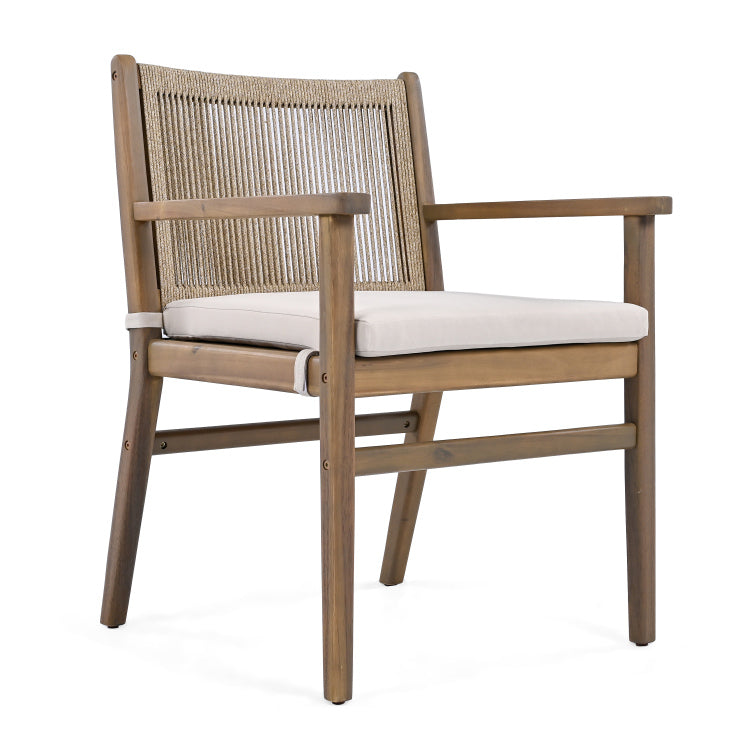 Outdoor Dining Chairs Set Of 2, Acacia Wood Patio Armchair With Rope Design Back And Water Repellent Cushion, Light Brown, 400Lbs Weight Capacity