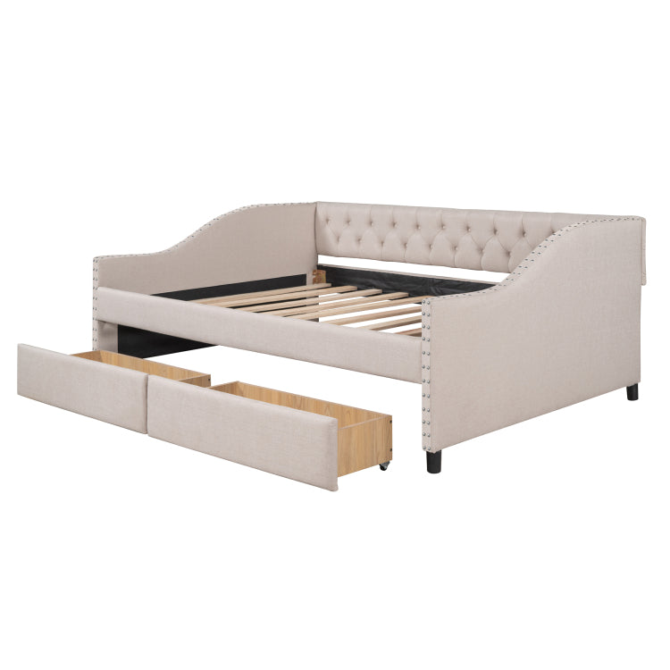 Upholstered Daybed With Two Drawers, Wood Slat Support, Beige, Full Size Old Sku :Lp001111Aaa