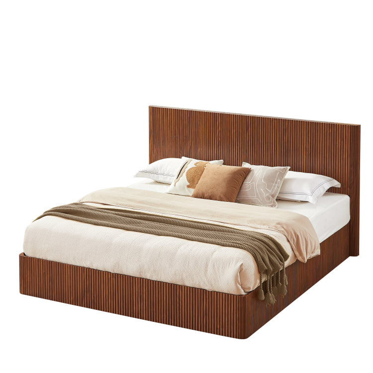 King Size Lift Up Storage Bed Frame, Wooden Corrugated Curved Lines, Hydraulic Storage No Box Spring Needed, Walnut