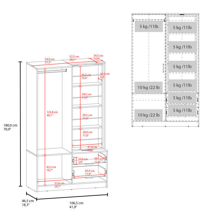 Seville 71" High Mirror Armoire, One Door Cabinet, Two Drawers , Hanging Rod, Rotating Mirror And Shoe Rack, Two Shelves White