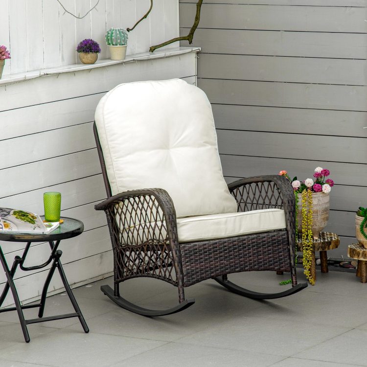 Outsunny Outdoor Wicker Rocking Chair With Wide Seat, Thick, Soft Cushion, Rattan Rocker W Steel Frame, High Weight Capacity For Patio, Garden, Backyard, Cream White