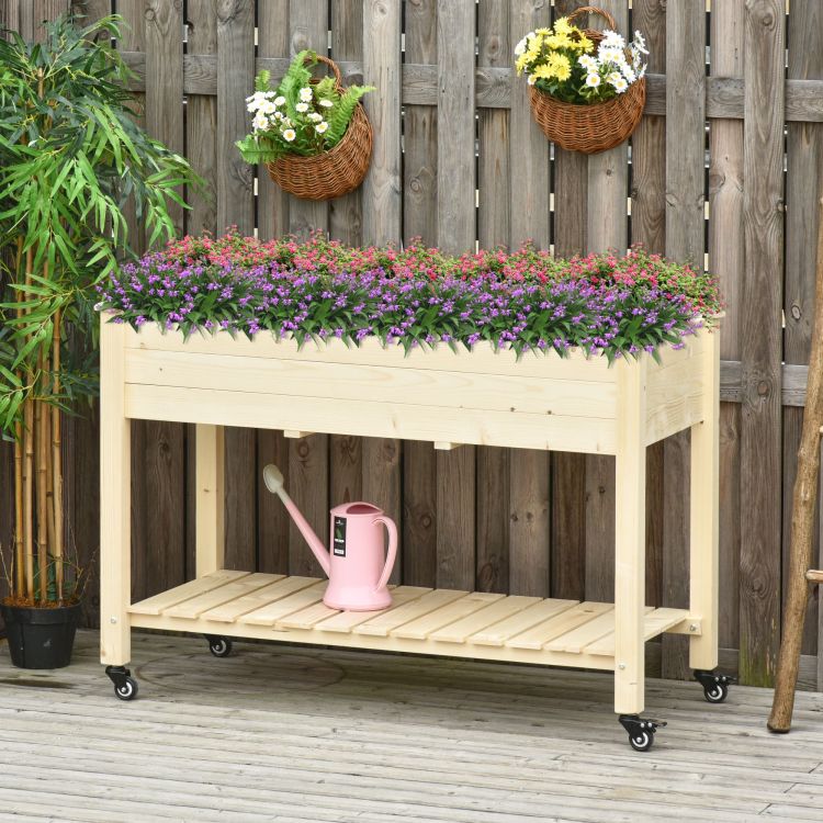 Outsunny Raised Garden Bed, 47" X 22" X 33", Elevated Wooden Planter Box W Lockable Wheels, Storage Shelf, And Bed Liner For Backyard, Patio, Natural