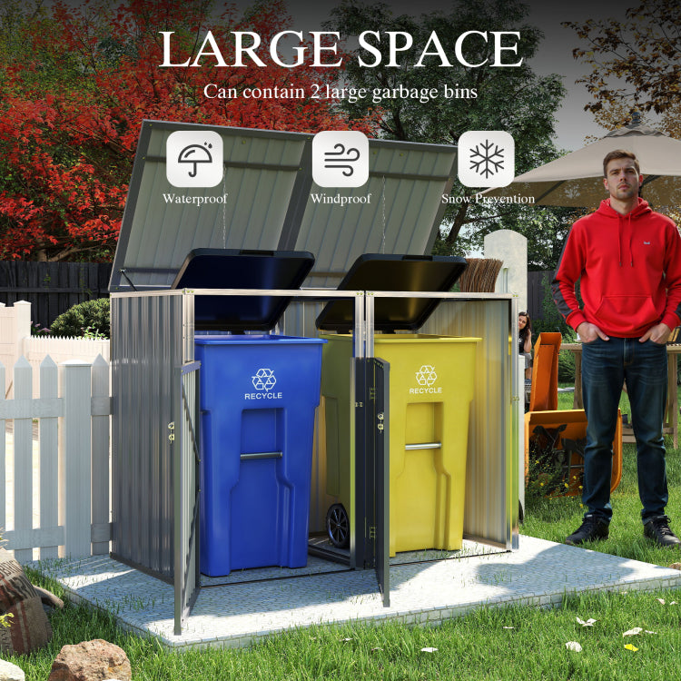 Garbage Bin Shed Stores 2 Trash Cans Metal Outdoor Bin Shed For Garbage Storage,54 Cubic Feet Of Space,Stainless Galvanized Steel, Bin Shed For Garden Yard Lawn,Grey