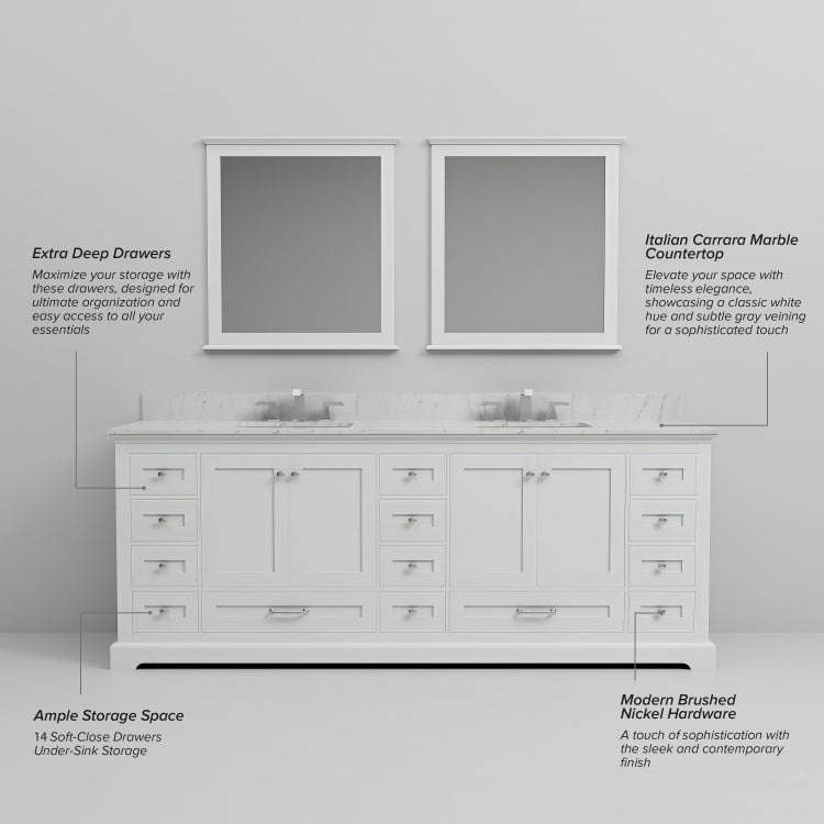 White Double Bath Vanity 84 In. W X 22 In. D, With Carrara Marble Top