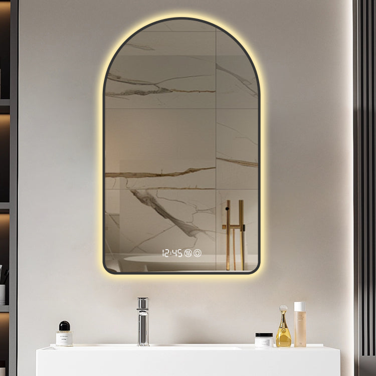 28"X48"Arched Led Mirror For Bathroom,Time And Temperature Display, Backlight, Anti Fog, Dimmable, With Three Color Temperatures Modern Vanity Light Mirror, Perfect For Over Sink,Black Frame