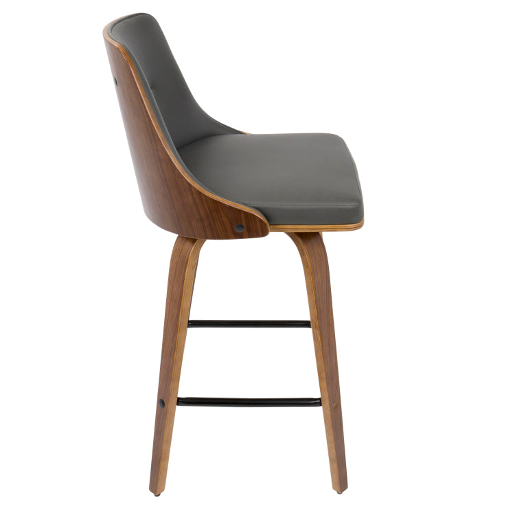 26" Mid Century Modern Counter Stool In Walnut With Grey Faux Leather Set Of 2