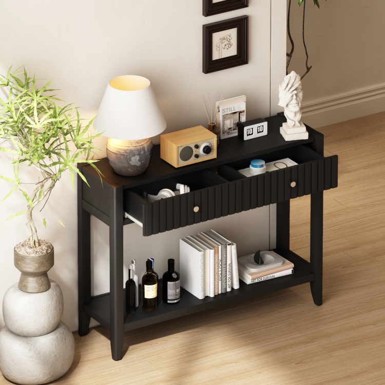 Console Table With Drawers, Narrow Wood Accent Sofa Table Entryway Table With Storage Shelf For Entryway, Front Hall, Hallway, Living Room, Black