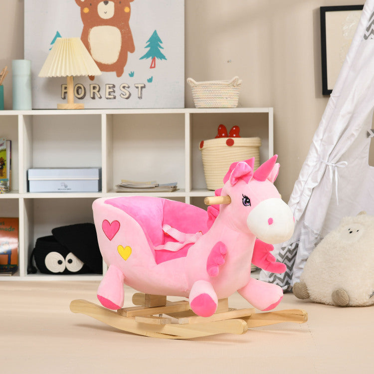 Qaba Baby Rocking Horse, Ride On Unicorn With 32 Songs, Toddler Rocker Toy With Wooden Base Seat Safety Belt For 1.5 3 Year Old, Pink