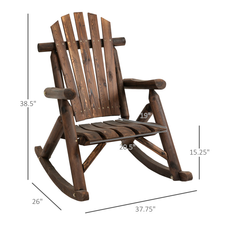 Outsunny Outdoor Wooden Rocking Chair, Single Person Adirondack Rocking Patio Chair With Rustic High Back, Slatted Seat And Backrest For Indoor, Backyard, Garden, Carbonized