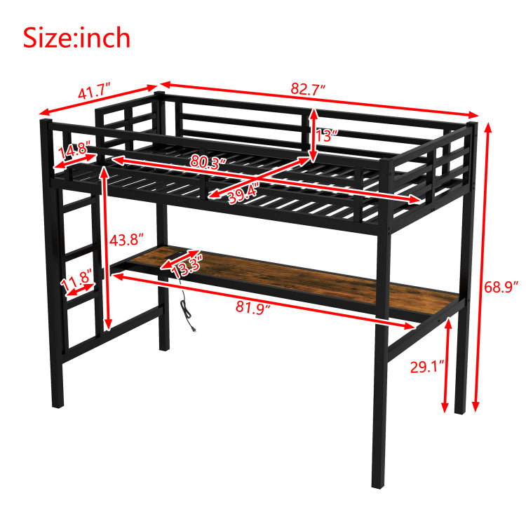 Metal Twin Xl Size Loft Bed With Power Outlet And Led Lighted, Space Saving, Noise Reduced, Black