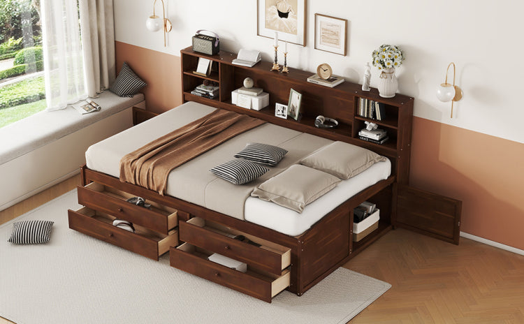 Full Size Wooden Captain Bed With Built In Storage Shelves, 4 Drawers And 2 Cabinets, Antique Brown