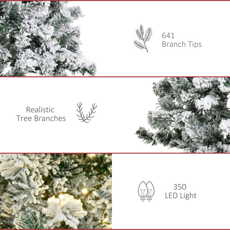 Homcom 7.5Ft Pre Lit Snow Flocked Slim Douglas Fir Artificial Christmas Tree With Realistic Branches, 350 Led Lights And 641 Tips
