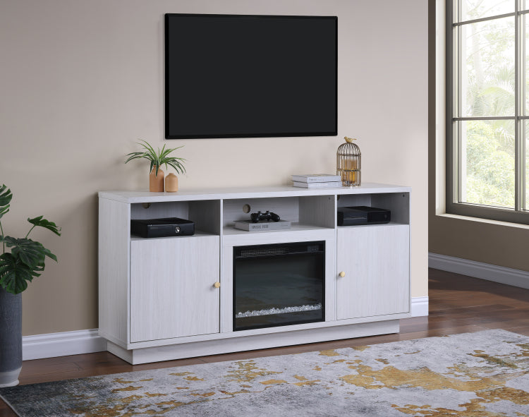 Ambrose 70"W White Walnut Finish Fireplace Console Tv Stand With Heater, Led Light, Cabinets, Shelves