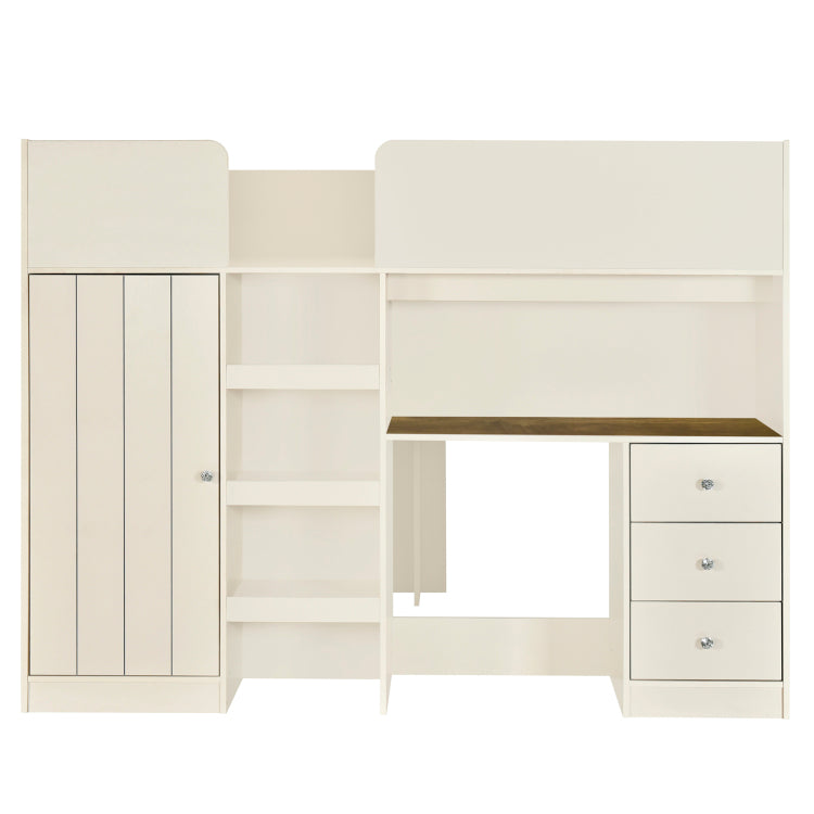 Wood Full Size Loft Bed With Built In Wardrobe, Desk, Storage Shelves And Drawers, Beige