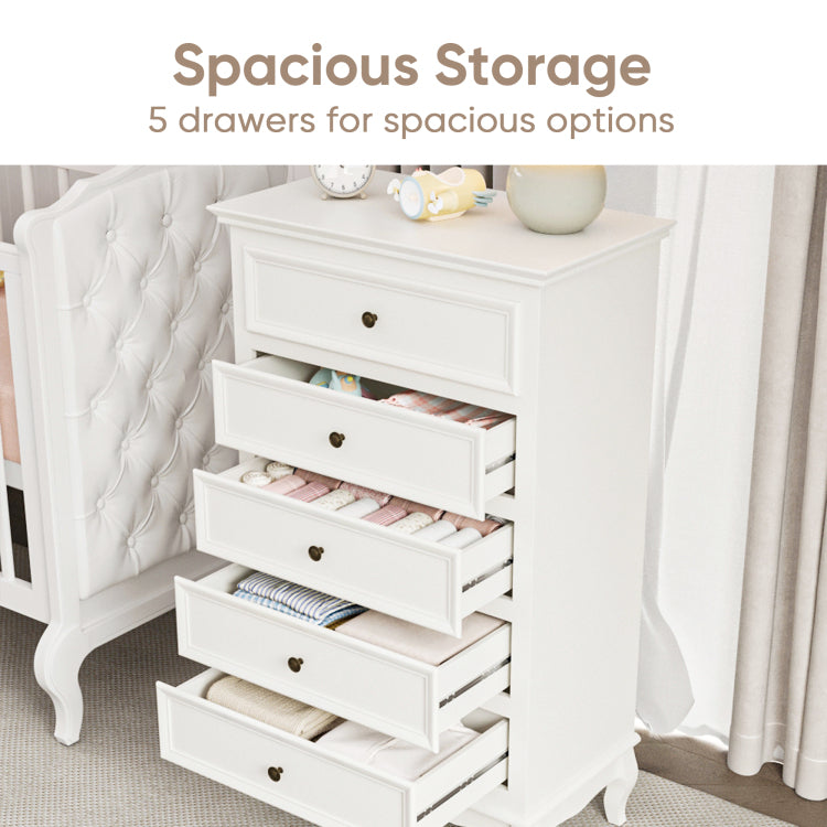 5 Drawer Dresser For Bedroom, Modern Storage Closet Cabinet Organizerwith Solid Wood Legs And Painted Finish White