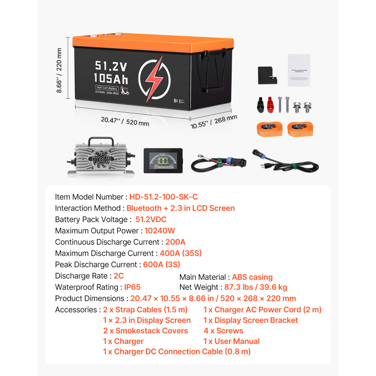 48V 105Ah Golf Cart Lithium Battery 20A Charger Lcd Monitor & 4000 Cycle