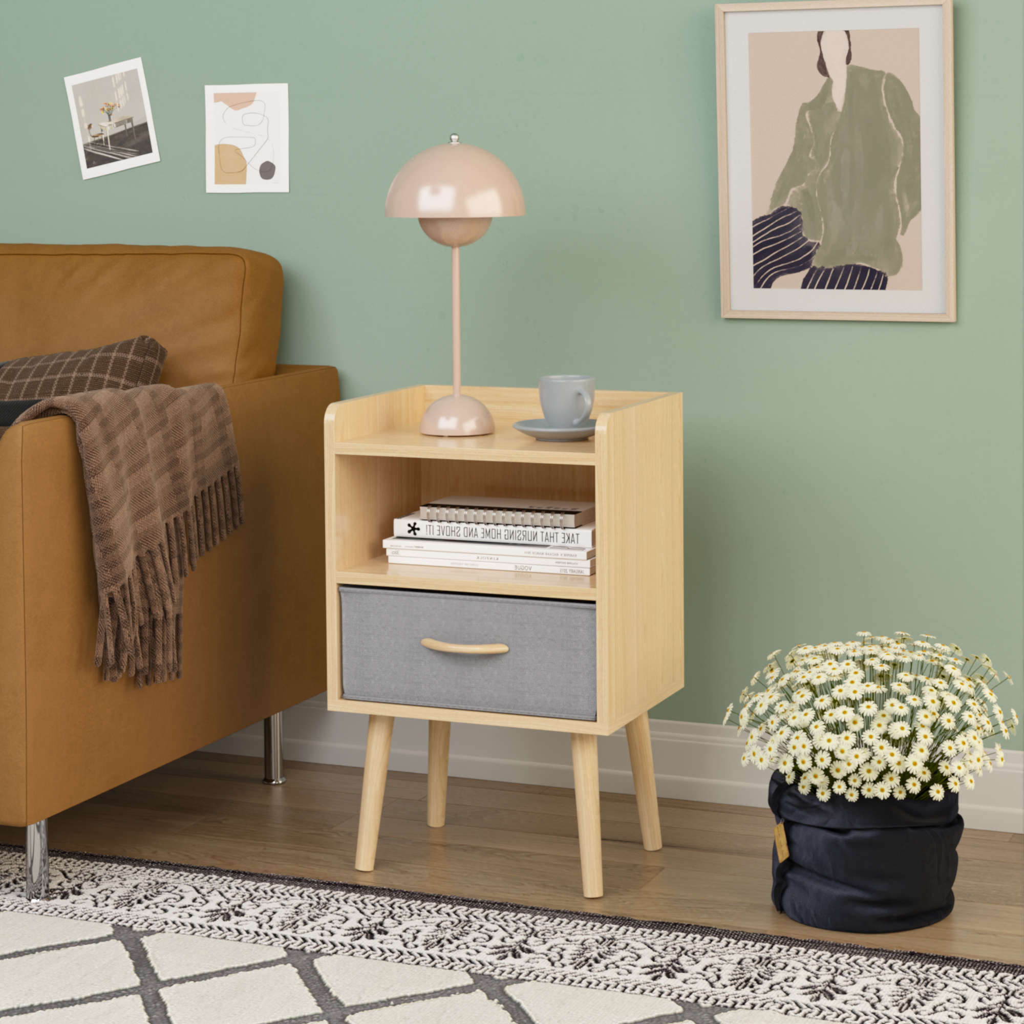 Nightstand With Collapsible Fabric Drawer, 2 Tier Storage End Table, Wood Side Table With Storage Cabinet Or Kids, Adults Oak