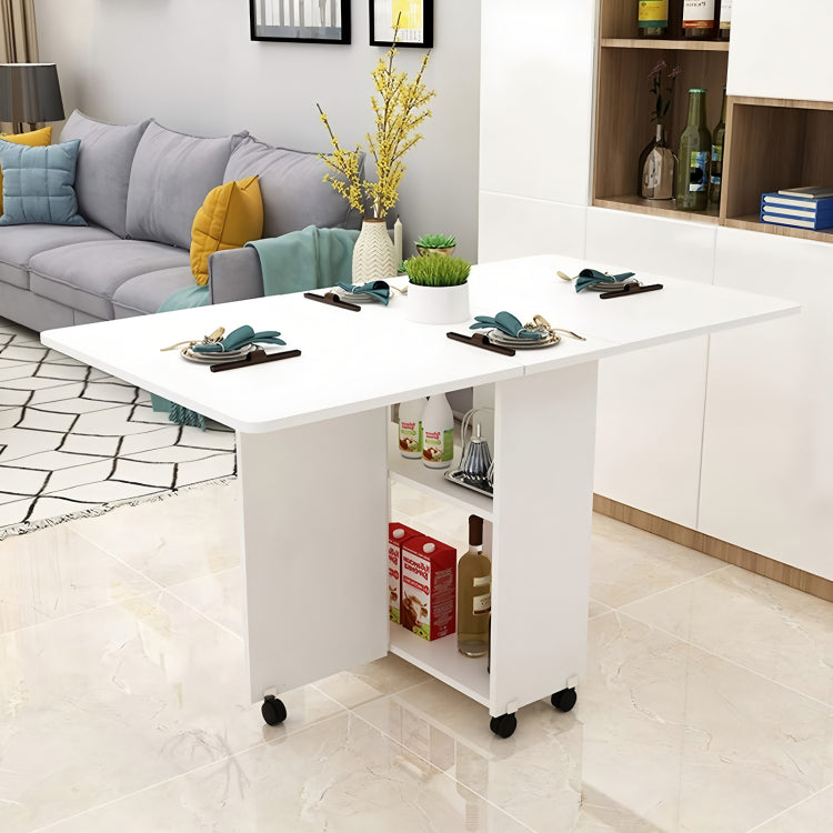 Folding Drop Leaf Dining Table With 6 Wheels And 2 Layer Storage Shelf, Space Saving Table For Small Spaces, 47.2 Inch D X 23.6 Inch W X 30.3 Inch H, White