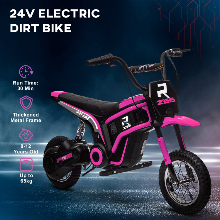 Aosom Electric Dirt Bike With Twist Grip Throttle, 24V 350W Off Road Electric Motorcycle, Up To 15 Mph With Brake, Music Horn, Rear Suspension For Ages 13 Years, Pink