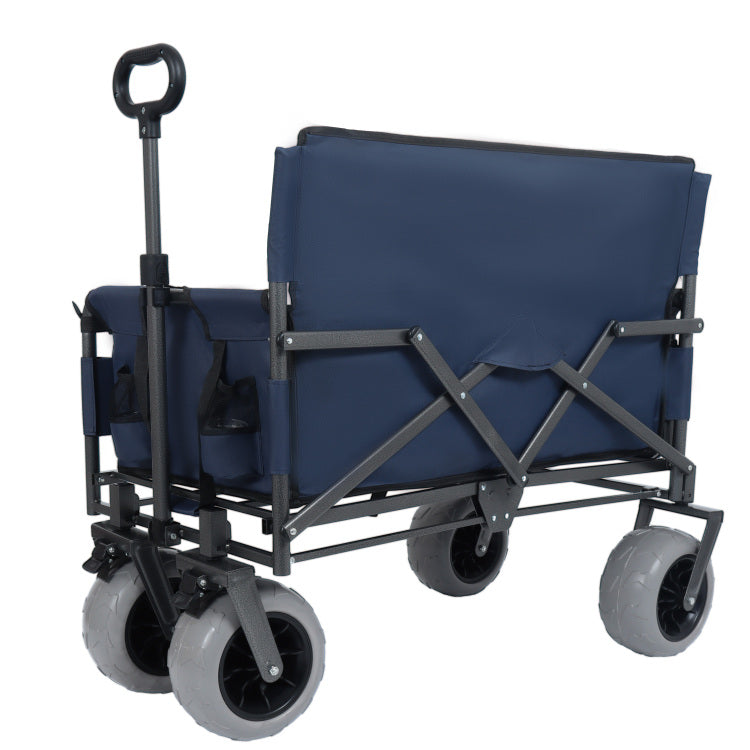 3 In 1 Folding Wagon With Bench Seat & Rear Mounted Folding Tabletop 500Lbs Capacity, 9"X4" Beach Tires For Camping, Beach, Dark Blue