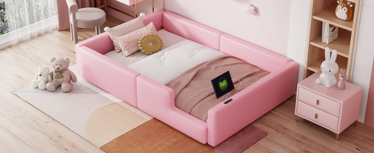 Twin Size Upholstered Platform Bed With Guardrail And Charging Station, Pink