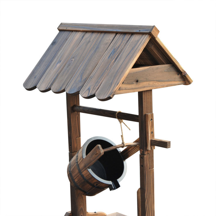 Outsunny Outdoor Wooden Wishing Well Fountain With Adjustable Water Flow Rate, Outdoor Rustic Waterfall Fountain With Electric Pump, Water Bucket, For Backyard Patio Garden Lawn, Carbonized Finish