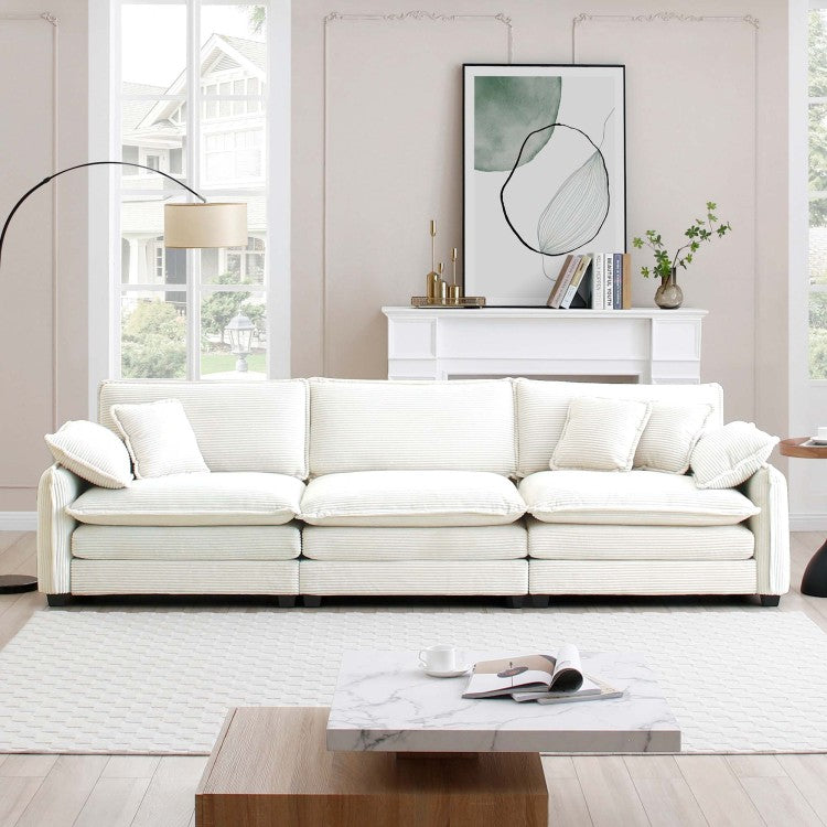 Mid Century Modern 3 Seater Sectional Sofa With 2 Arm Pillows And 3 Throw Pillows, Beige Corduroy Fabric