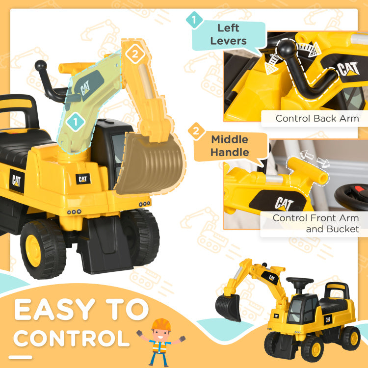 Aosom Excavator Ride On Toy, Cat Licensed Kids Manual Pedal Ride On Excavator With Manual Shovel, Horn, Hidden Storage For 18 36 Months Boys And Girls, Yellow