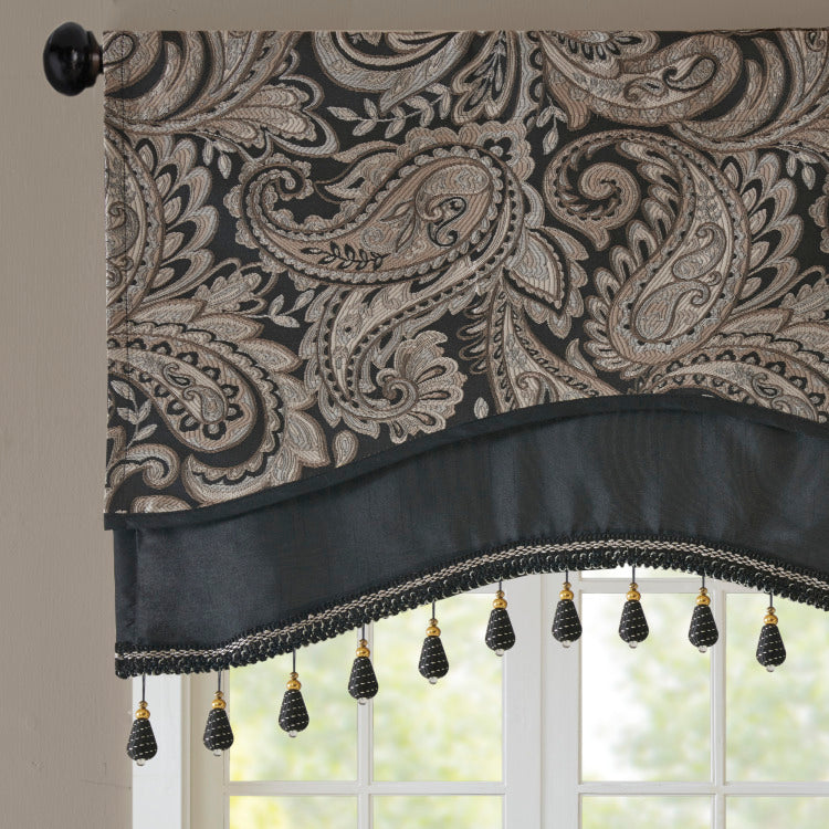 Jacquard Window Rod Pocket Valance With Beads Black 50X18"