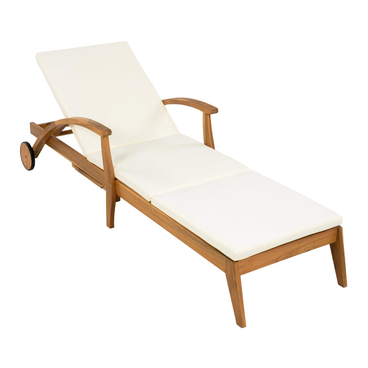 Chaise Lounge With Wheel Acacia Wood Recliner For Patio Garden, With 2Inch White Cushion, 4 Position Adjustable Backrest, Versatile Outdoor Furniture