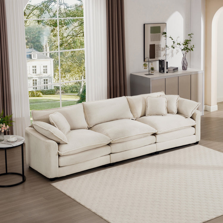 Mid Century Modern Sofa 3 Seater Sectional Sofa With 2 Arm Pillows And 3 Throw Pillows, Light Beige Corduroy Fabric