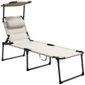 Outsunny Outdoor Lounge Chair, Adjustable Backrest Folding Chaise Lounge, Cushioned Tanning Chair W Sunshade Roof & Pillow Headrest For Beach, Camping, Hiking, Cream White
