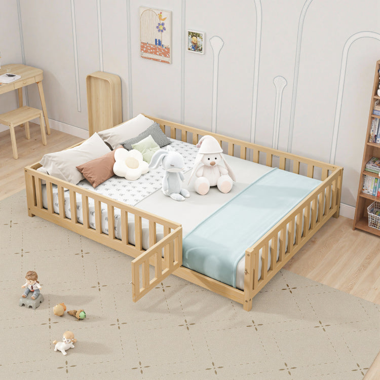 Full Size Floor Platform Bed With Fence And Door For Kids, Montessori Floor Bed Frame With Support Slats For Toddlers, Wooden Floor Bed Natural