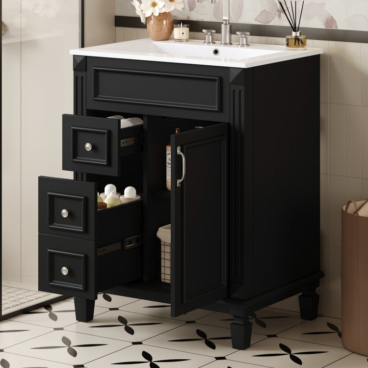 24" Bathroom Vanity With Ceramic Sink, Small Bathroom Sink Cabinet, Modern Cabinet With 2 Drawers And Adjustable Shelf